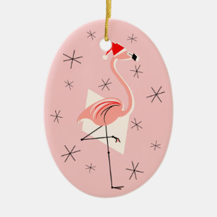 Ornamento De Cerâmica Flamingo Papai noel Texto Cor-de-Rosa oval
