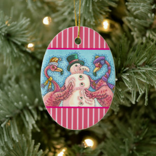 ORNAMENTO DE CERÂMICA FLAMINGO ROSA BONECA DE NEVE, PÁSSAROS DE NATAL EN