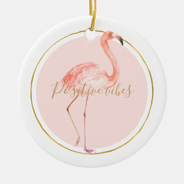 Ornamento De Cerâmica flamingo rosa com ouro e quadro personalizado (Frente)
