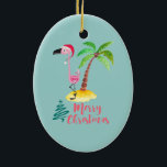 Ornamento De Cerâmica Flamingo Rosa Em Um Chapéu De Papai Noel Por Um Xm<br><div class="desc">Um enfeites de natal com um talento de ilha tropical. Uma ilustração fofa de um flamingo rosa num chapéu de santa vermelho. Ao lado de uma palmeira verde sobre um monte de areia amarela. Um design de árvore de natal cintilante rico é colocado ao lado do texto Feliz Natal. Escrito...</div>