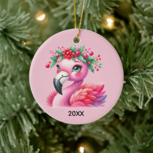 Ornamento De Cerâmica Flamingo rosa fofo adicionar nome ano