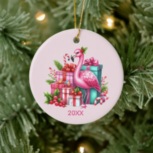Ornamento De Cerâmica Flamingo rosa fofo adicionar nome ano