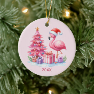 Ornamento De Cerâmica Flamingo rosa fofo adicionar nome ano