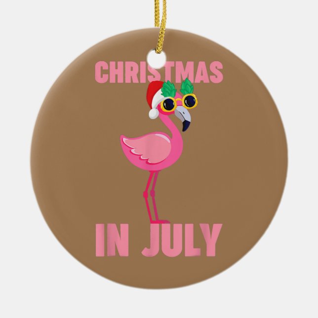 Ornamento De Cerâmica Flamingo Rosa No Natal Em Julho (Frente)