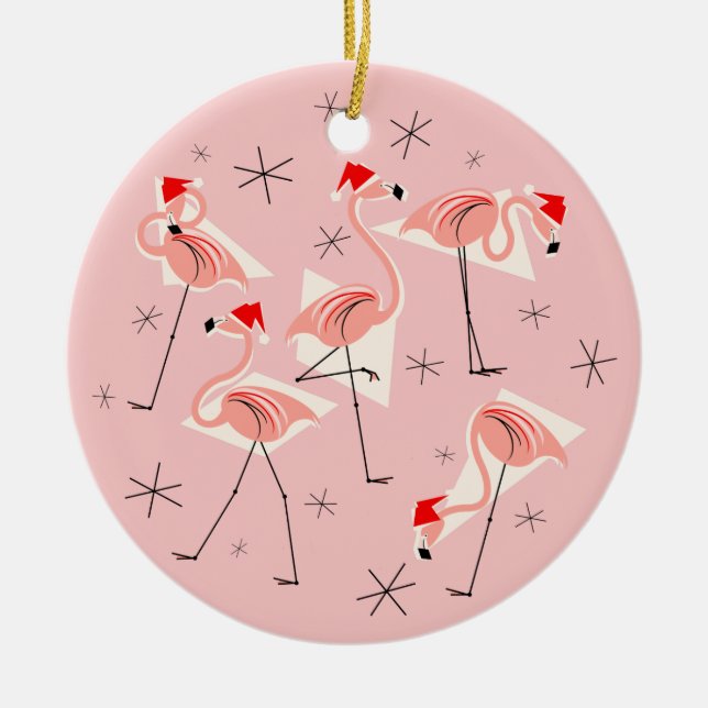 Ornamento De Cerâmica Flamingo Santas Pink Texto ornado redondo (Frente)