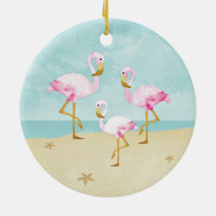 Ornamento De Cerâmica Flamingos cor-de-rosa da aguarela na praia