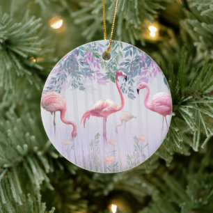 Ornamento De Cerâmica Flamingos cor-de-rosa da família tropical branca