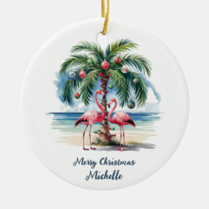 Ornamento De Cerâmica Flamingos Rosa de Natal Palmeiras Personalizado   