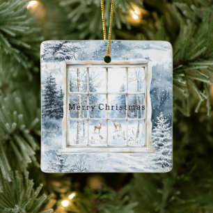 Ornamento De Cerâmica Flautas de Natal Veado Janela Azul Branco