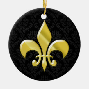 Ornamento De Cerâmica Fleur de Lis (Damasco preto/Dourado)