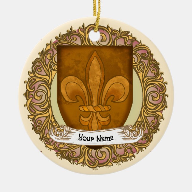 Ornamento De Cerâmica Fleur De Lis Family Crest Surname (Frente)