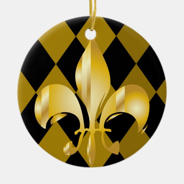 Ornamento De Cerâmica Fleur de Lis/preta + dourada (Frente)