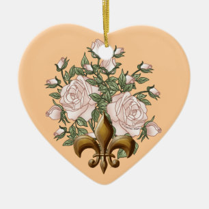 Ornamento De Cerâmica Fleur De Lis Rosa Heart