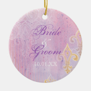 Ornamento De Cerâmica Fleur di Lys Damask 2 Blue - Ornament de Casamento