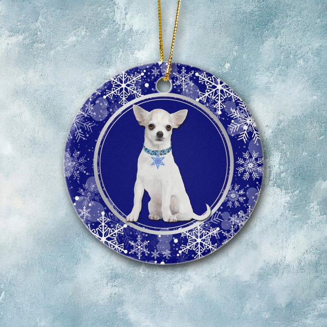 Ornamento De Cerâmica Floco de neve branco azul Chihuahua branco (Criador carregado)