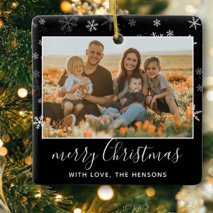 Ornamento De Cerâmica Floco de neve branco preto Foto feliz de Natal