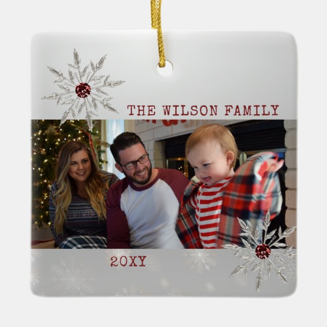 Ornamento De Cerâmica Floco de Neve de Cristal Silver com Rinostone Verm (Frente)