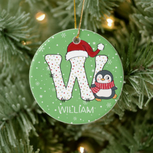 Ornamento De Cerâmica Floco de Neve do Alfabeto Natal W Santa Hat Pengui