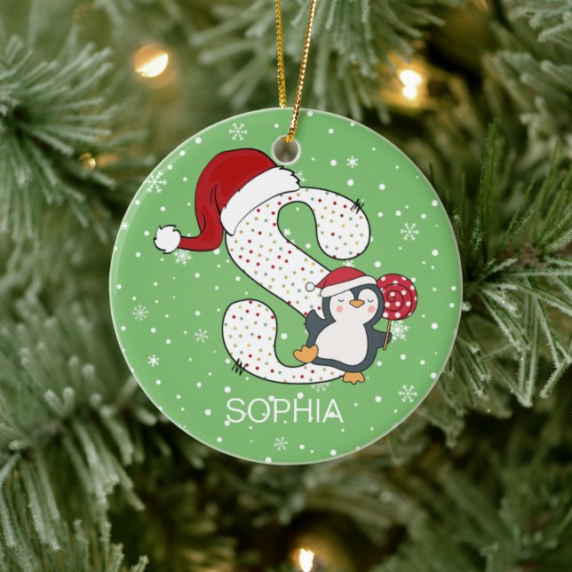 Ornamento De Cerâmica Floco de Neve do Alphabet S Santa Hat Penguin (Árvore)