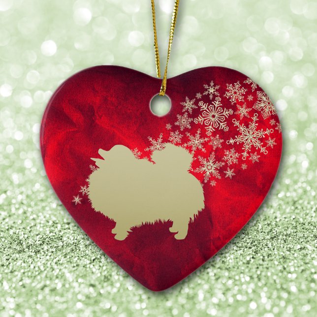 Ornamento De Cerâmica Floco de neve Dourado vermelho Pomerano (Criador carregado)