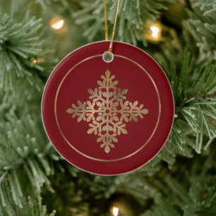 Ornamento De Cerâmica Floco de Neve em Faux Dourado sobre Vermelho (Não