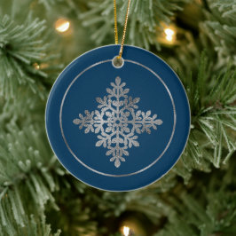 Ornamento De Cerâmica Floco de Neve em Faux Folha de Prata em Azul (Não