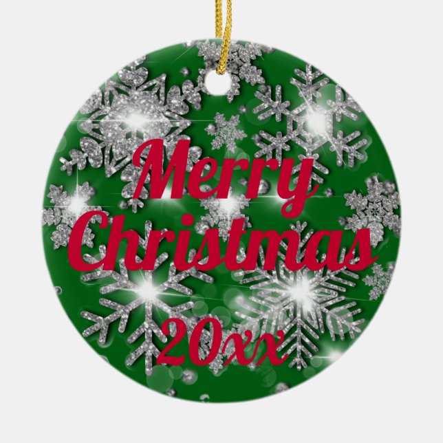 Ornamento De Cerâmica Floco de neve festivo prateado brilhante (Frente)