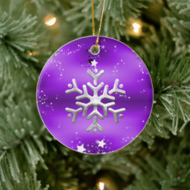 Ornamento De Cerâmica Floco de neve prateado e estrelas Natal roxo