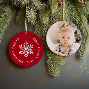 Ornamento De Cerâmica Floco de Neve Red Winter First Christmas Keepsaoke