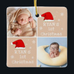 Ornamento De Cerâmica Floco de neve Santa Hat 1rua Natal 2<br><div class="desc">O Primeiro Natal do Bebê 2 Fotos de Santa Hat Snowflake Beige Cerâmica Ornament. Primeiro design de Natal de um bebê bonito com um chapéu vermelho de Papai Noel, flocos de neve, um nome de bebê em um roteiro branco uma foto de bebê - personalize com o nome e fotos...</div>