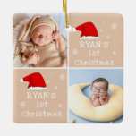 Ornamento De Cerâmica Floco de neve Santa Hat 1rua Natal 2<br><div class="desc">O Primeiro Natal do Bebê 2 Fotos de Santa Hat Snowflake Beige Cerâmica Ornament. Primeiro design de Natal de um bebê bonito com um chapéu vermelho de Papai Noel, flocos de neve, um nome de bebê em um roteiro branco uma foto de bebê - personalize com o nome e fotos...</div>