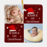 Ornamento De Cerâmica Floco de neve Santa Hat 1rua Natal 2<br><div class="desc">O Primeiro Natal do Bebê 2 Fotos de Santa Hat Snowflake Ornament Red Cerâmica. Primeiro design de Natal de um bebê bonito com um chapéu vermelho de Papai Noel, flocos de neve, um nome de bebê em um roteiro branco uma foto de bebê - personalize com o nome e fotos...</div>
