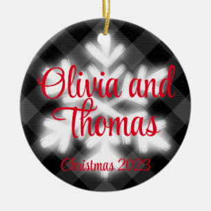 Ornamento De Cerâmica Floco de neve xadrez branca, elegante e preto clás