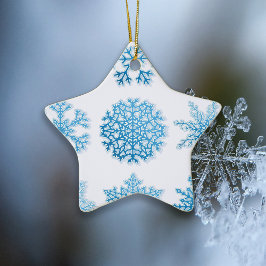 Ornamento De Cerâmica Flocos de neve azuis elegantes Natal branco