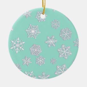 Ornamento De Cerâmica Flocos de neve brancos de 3 d num fundo aqua