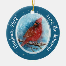 Ornamento De Cerâmica Flocos de neve cardinais de Natal em Vermelho ou A