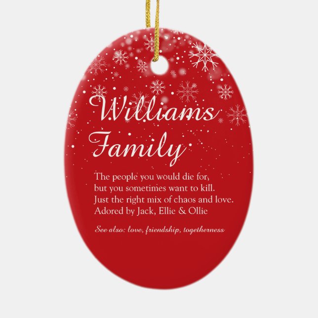 Ornamento De Cerâmica Flocos de neve de definição da família Feliz Natal (Verso)