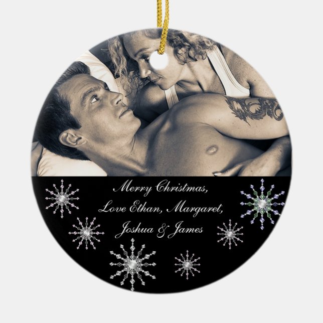 Ornamento De Cerâmica Flocos de neve de Natal felizes (Frente)