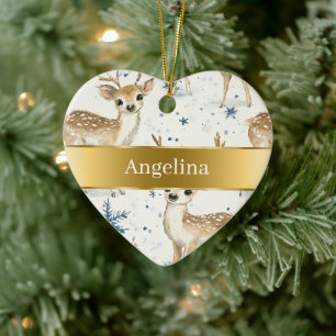 Ornamento De Cerâmica Flocos de Neve de Veado Doce Fita Dourada Natal