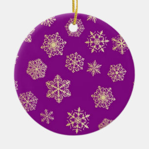 Ornamento De Cerâmica Flocos de neve dourados, fundo roxo