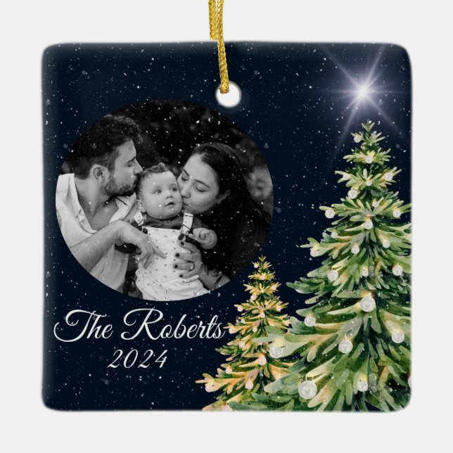 Ornamento De Cerâmica Flocos de neve e árvores Marinho Elegante de inver (Frente)