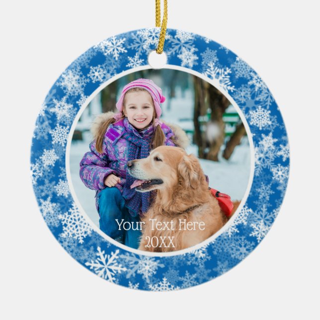 Ornamento De Cerâmica Flocos de neve em azul e branco, duas fotos, duas  (Frente)