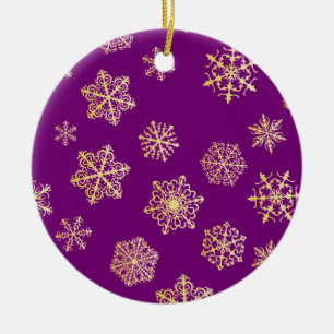 Ornamento De Cerâmica Flocos de neve ouro sobre fundo roxo