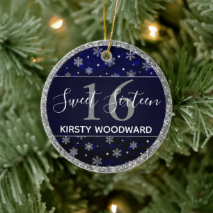 Ornamento De Cerâmica Flocos de neve prateada e pinto azul Doce 16