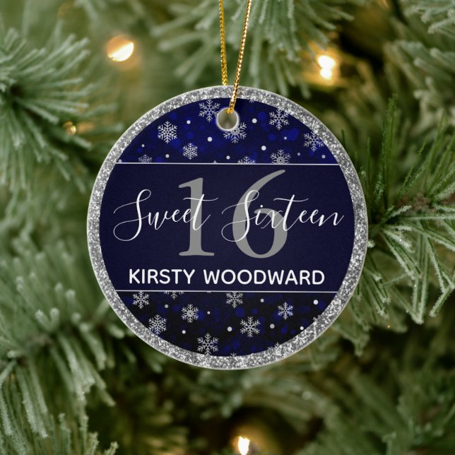 Ornamento De Cerâmica Flocos de neve prateada e pinto azul Doce 16 (Árvore)