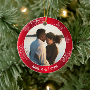 Ornamento De Cerâmica Flocos de neve Primeiro Quadro Vermelho de Natal