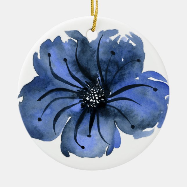 Ornamento De Cerâmica Flor Azul em Aquarela (Frente)
