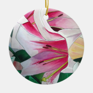 Ornamento De Cerâmica Flor branca e cor-de-rosa da arte da aguarela do