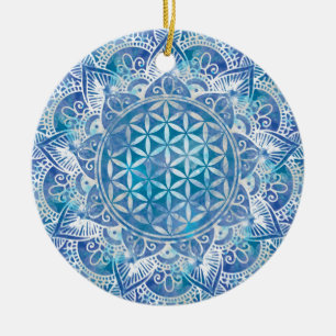 Ornamento De Cerâmica Flor da Vida em Lotus - Azul-Cria