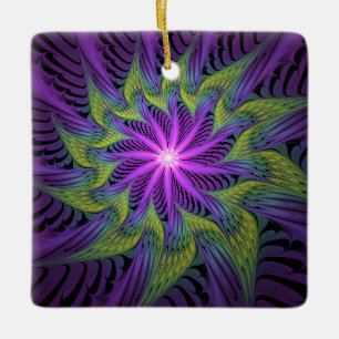 Ornamento De Cerâmica Flor de Arte Fractal Abstrato Moderno Roxo Verde